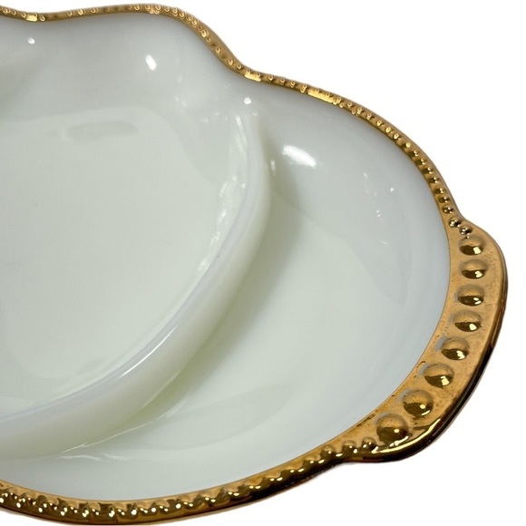 Vintage Fire King Milk Glass Serving Tray Gold Beaded Rim Divided 3 Sections USA - Picture 4 of 7